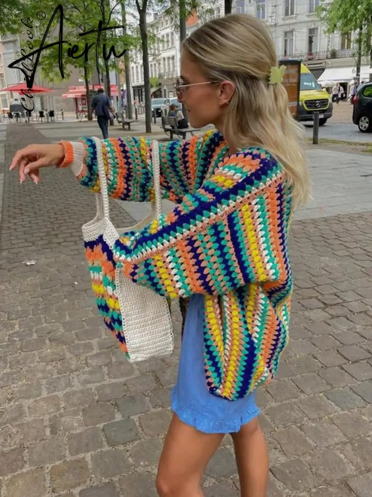 Colorful Crochet Striped Knit Cardigans Women Sweater  Fall Vintage Loose Long Sleeve Female Cardigan Casual Y2K Streetwear Aiertu