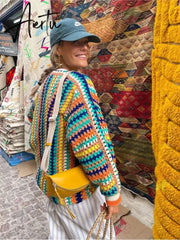 Colorful Crochet Striped Knit Cardigans Women Sweater  Fall Vintage Loose Long Sleeve Female Cardigan Casual Y2K Streetwear Aiertu