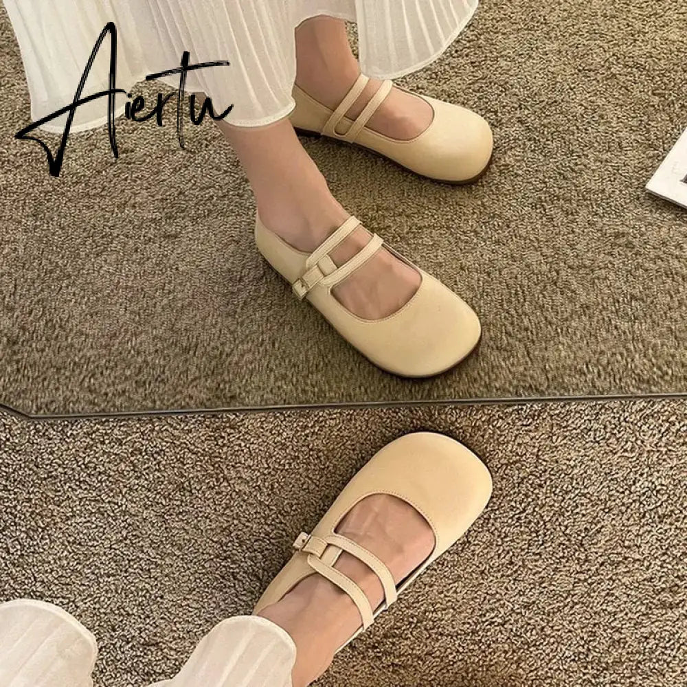 Comfort Soft Bottom Flat Shoes Women 2023 Buckle Strap Pu Leather Ballet Flats Woman Elegant Low Heels Mary Janes Mujer Aiertu