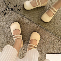 Comfort Soft Bottom Flat Shoes Women 2023 Buckle Strap Pu Leather Ballet Flats Woman Elegant Low Heels Mary Janes Mujer Aiertu