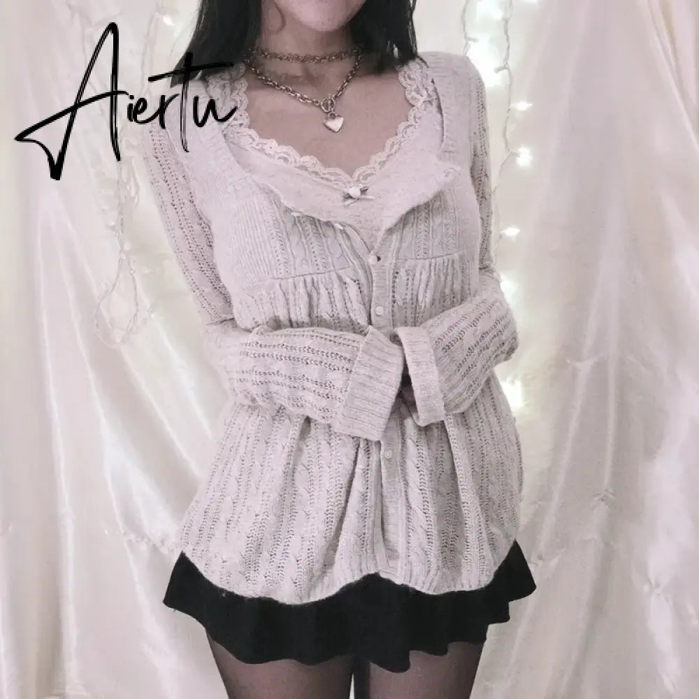 Coquette Grunge Y2K 00s Vintage Sweater Single Breasted Long Sleeve Cardigan 00s Aesthetic Kawaii Knitwear T-shirt Women Clothes Aiertu