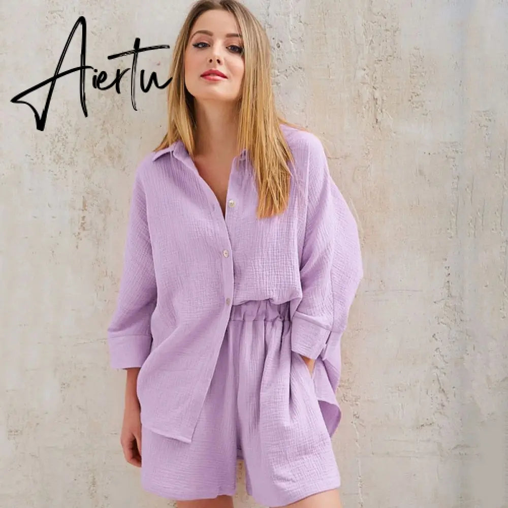 Cotton Pajamas For Women Sets Suit Casual Sleepwear Turn-Down Collar Nine Quarter Sleeve Sleep Tops Shorts Female Homewear Aiertu