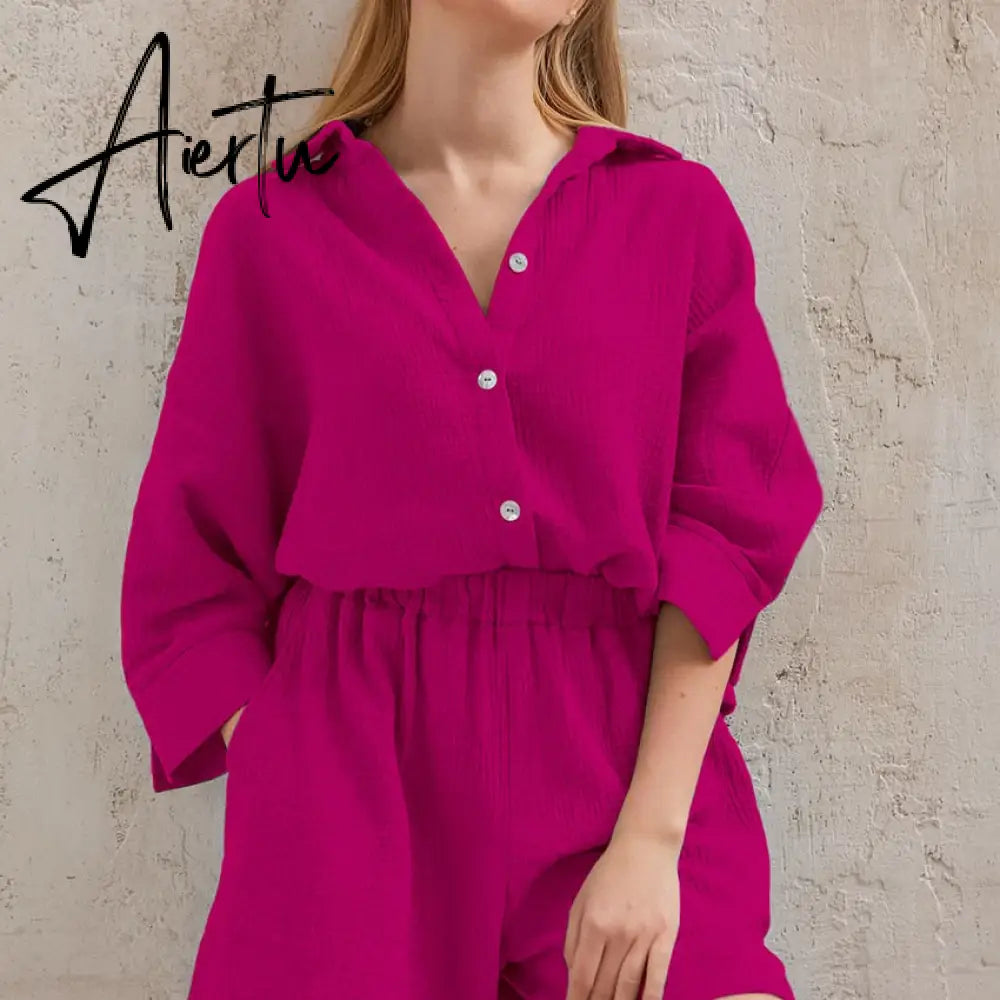 Cotton Pajamas For Women Sets Suit Casual Sleepwear Turn-Down Collar Nine Quarter Sleeve Sleep Tops Shorts Female Homewear Aiertu