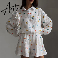 Cotton Pajamas Linen Love Print Shorts Suit Female Fashion Single Breasted Lapel Shirts Top 2 Pieces Set Elastic Waist Pant Sets Aiertu