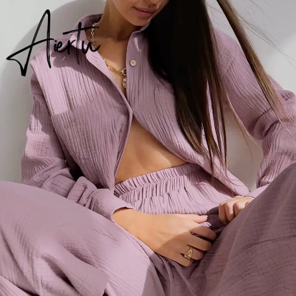 Cotton Women's Home Clothes Loose 2 Piece Sets Long Sleeve Sleepwear Female Casual Trouser Suits Autumn Pajamas Aiertu