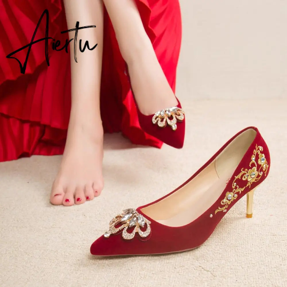 Crystal Buckle Plush Pumps Women New Embroidery Thin Heels Chinese Wedding Shoes Woman Red Point Toe High Heel Shoes Aiertu