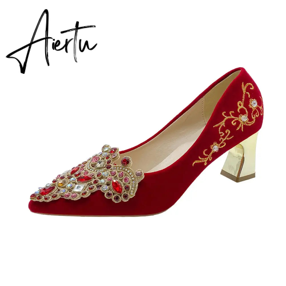 Crystal Buckle Plush Pumps Women New Embroidery Thin Heels Chinese Wedding Shoes Woman Red Point Toe High Heel Shoes Aiertu
