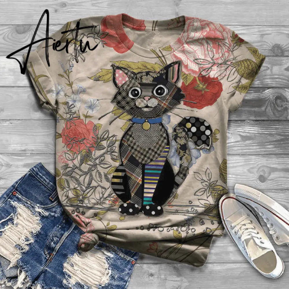 Cute Lovely Cat Y2k Graphic T Shirts Women Summer Short Sleeve Harajuku Tees Top Ladies Animal Tshirts Alternative Clothing Aiertu