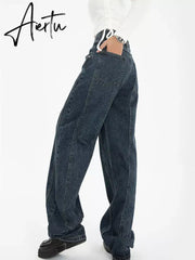 Dark Blue Womens Jeans High Waist Vintage Straight Baggy Denim Pants Streetwear American Style Fashion Wide Leg Denim Trouser Aiertu
