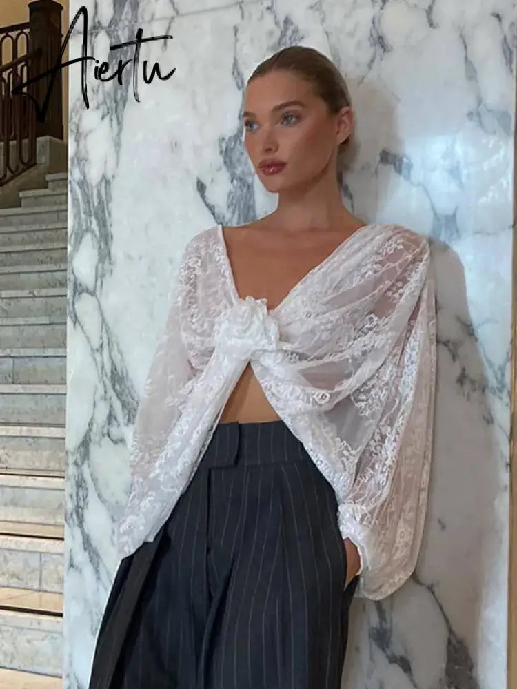 Deep V Neck Appliques Lace See Through Long Sleeve Top T-shirt Tee Femme Sexy White Loose Knot Ruched Crop Tops Aiertu