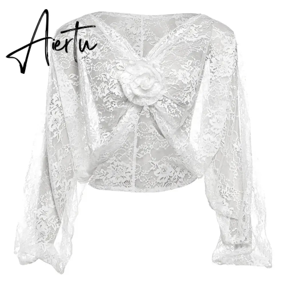 Deep V Neck Appliques Lace See Through Long Sleeve Top T-shirt Tee Femme Sexy White Loose Knot Ruched Crop Tops Aiertu
