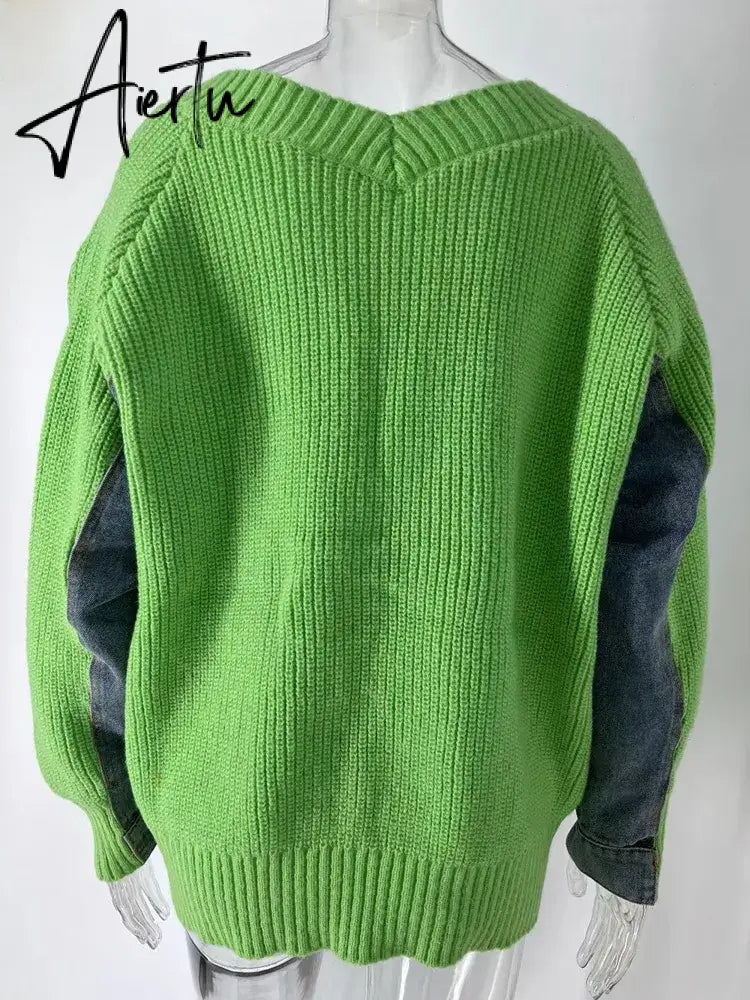 Denim Patchwork Knit Sweater Cardigans Women V-Neck Full Sleeve Button Up Oversized Jacket Coat Fall  Streetwear Aiertu