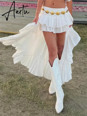 E-Girl 90s Aesthetic White Asymmetrical Skirts Women Low Waist Layere Ruffle Hem Mini Skirts Grunge Streetwear Bottoms Aiertu