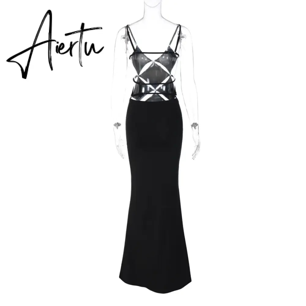 Elegant Black Hollow Out Slip Dress Sexy Summer Outfits for Women Sleeveless Backless Bodycon Maxi Evening Party Dresses Aiertu