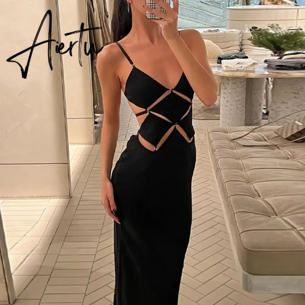 Elegant Black Hollow Out Slip Dress Sexy Summer Outfits for Women Sleeveless Backless Bodycon Maxi Evening Party Dresses Aiertu
