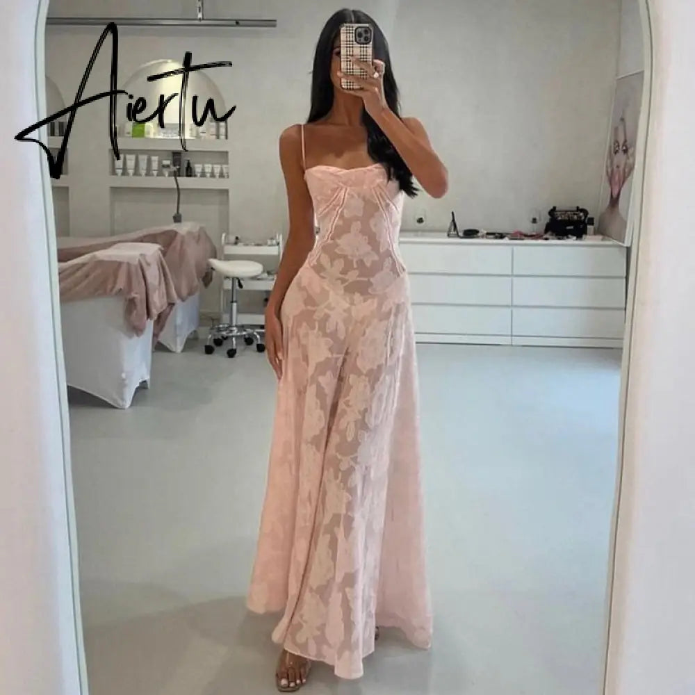 Elegant Fairy Fashion See Through Maxi Dress For Women Sexy Backless Straps Gown Club Party Long Dresses Vestidos Clothes Pink Aiertu