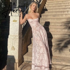 Elegant Fairy Fashion See Through Maxi Dress For Women Sexy Backless Straps Gown Club Party Long Dresses Vestidos Clothes Pink Aiertu