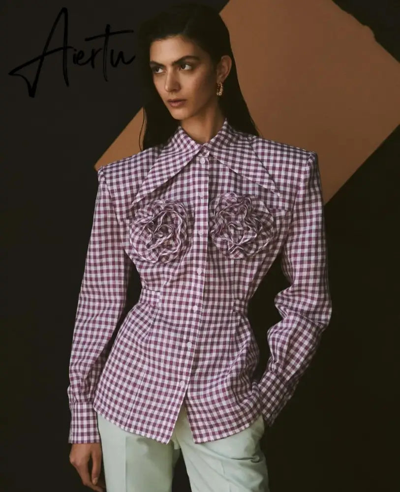 Elegant Floral Applique Plaid Print Long Sleeve Blouse Shirts Tops Casual Single Breasted Tie Front Tops  Clothes Aiertu
