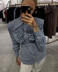 Elegant Floral Applique Plaid Print Long Sleeve Blouse Shirts Tops Casual Single Breasted Tie Front Tops  Clothes Aiertu