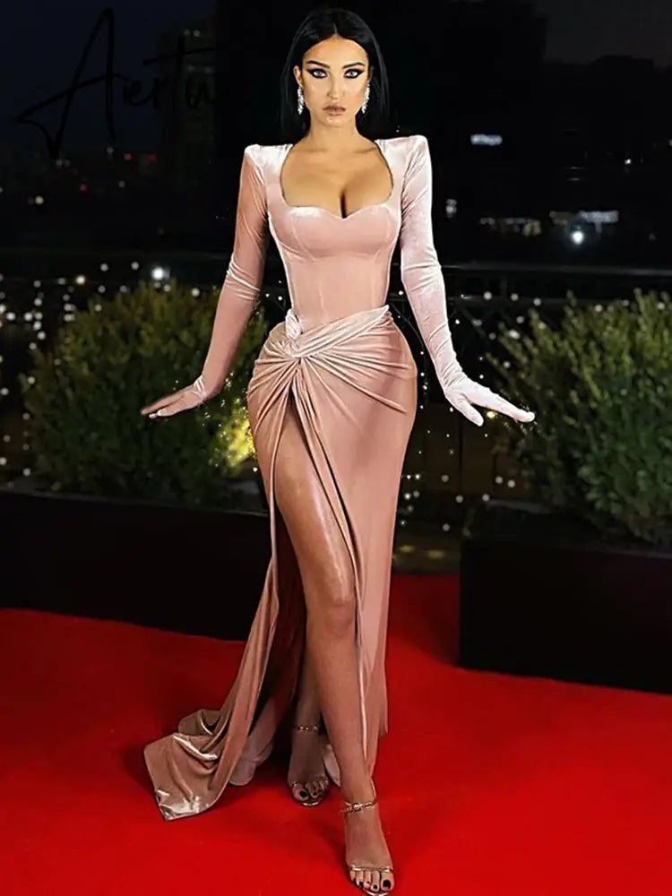 Elegant Gown Long Dress Evening Club Outfits for Women Gloves Sleeve Velvet Sexy Slit Maxi Dresses Ruched Dresses Aiertu