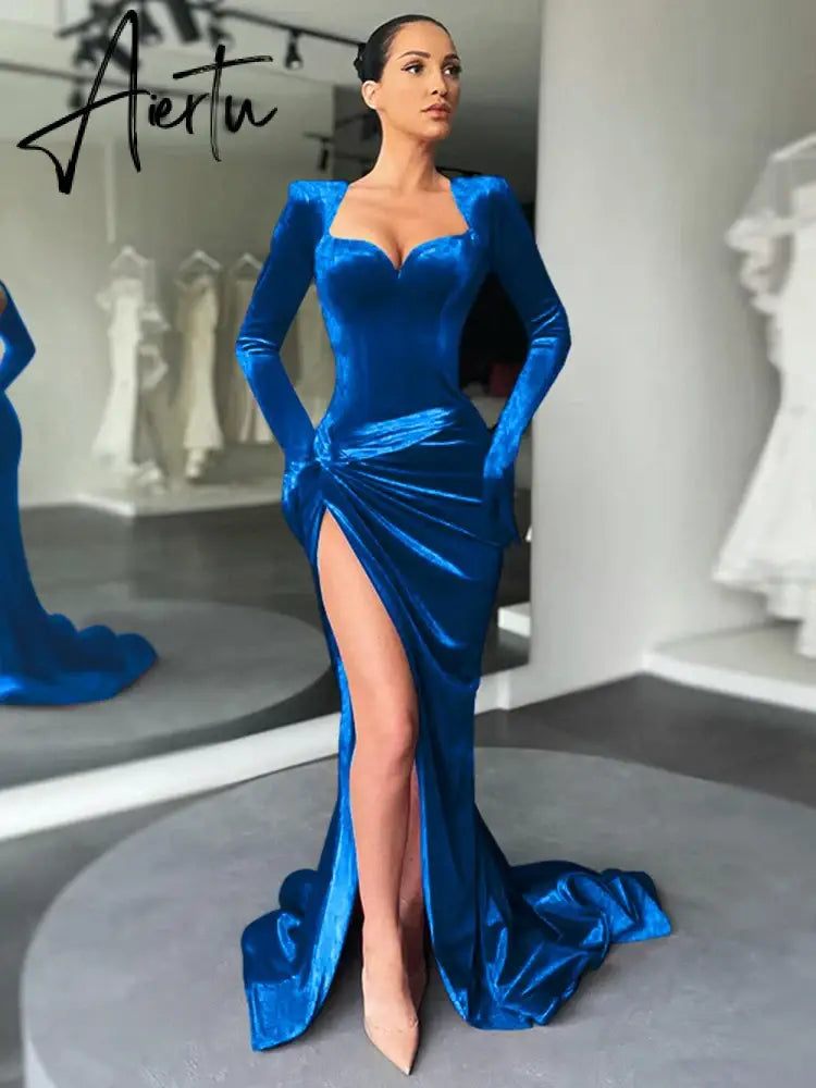 Elegant Gown Long Dress Evening Club Outfits for Women Gloves Sleeve Velvet Sexy Slit Maxi Dresses Ruched Dresses Aiertu