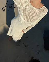Elegant Hollow Out Knit Maxi Dress for Women Summer Beachwear Holiday Long Sleeve Cover-Ups Long Dresses Aiertu