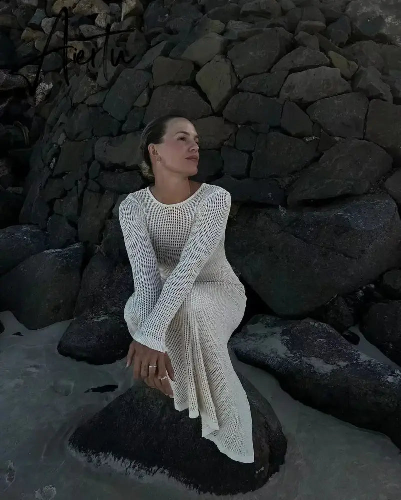 Elegant Hollow Out Knit Maxi Dress for Women Summer Beachwear Holiday Long Sleeve Cover-Ups Long Dresses Aiertu