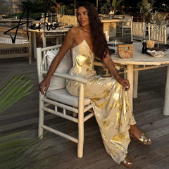 Elegant Shiny Sparkling Sexy Backless Slip Maxi Dress Party Club Outfits for Women V Neck Gown Sundress Vestido Aiertu