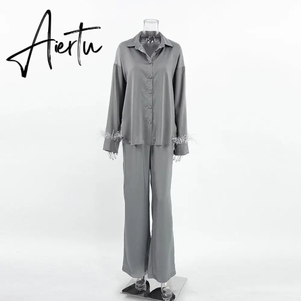 Elegant Sleepwear Pajama Pants Suit Woman Fashion Long Sleeve Feather Blouses Loose Long Pants 2 Piece Sets Womens Outfits Aiertu
