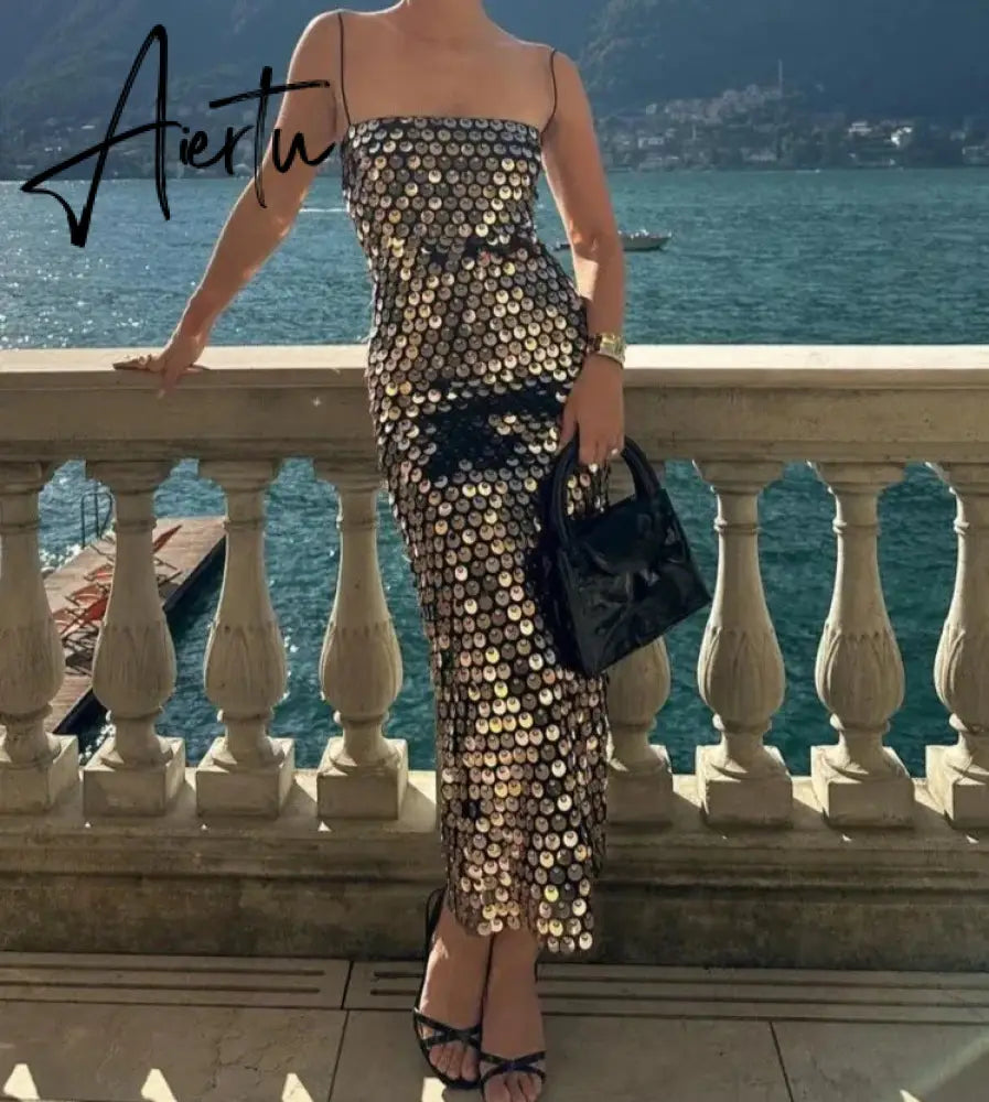 Elegant Sparkling Slim Sequin Dress Women High Quality Backless Spaghetti Strap Party Dresses New Chic Lady Long Aiertu