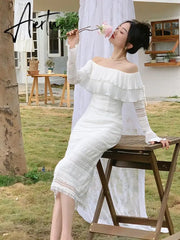Elegant White Midi Dress Office Lady Long Sleeve Sexy Beach Party Bodycon Dress Women Chic Summer One Piece Dress Korean Aiertu