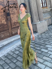 Elegant Women Green Satin Backless Mixi Dress Palace Short Sleeve Lace V-Neck Bandage Vintage Bodycon Dress Robe Summer Vestidos Aiertu