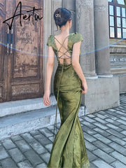 Elegant Women Green Satin Backless Mixi Dress Palace Short Sleeve Lace V-Neck Bandage Vintage Bodycon Dress Robe Summer Vestidos Aiertu
