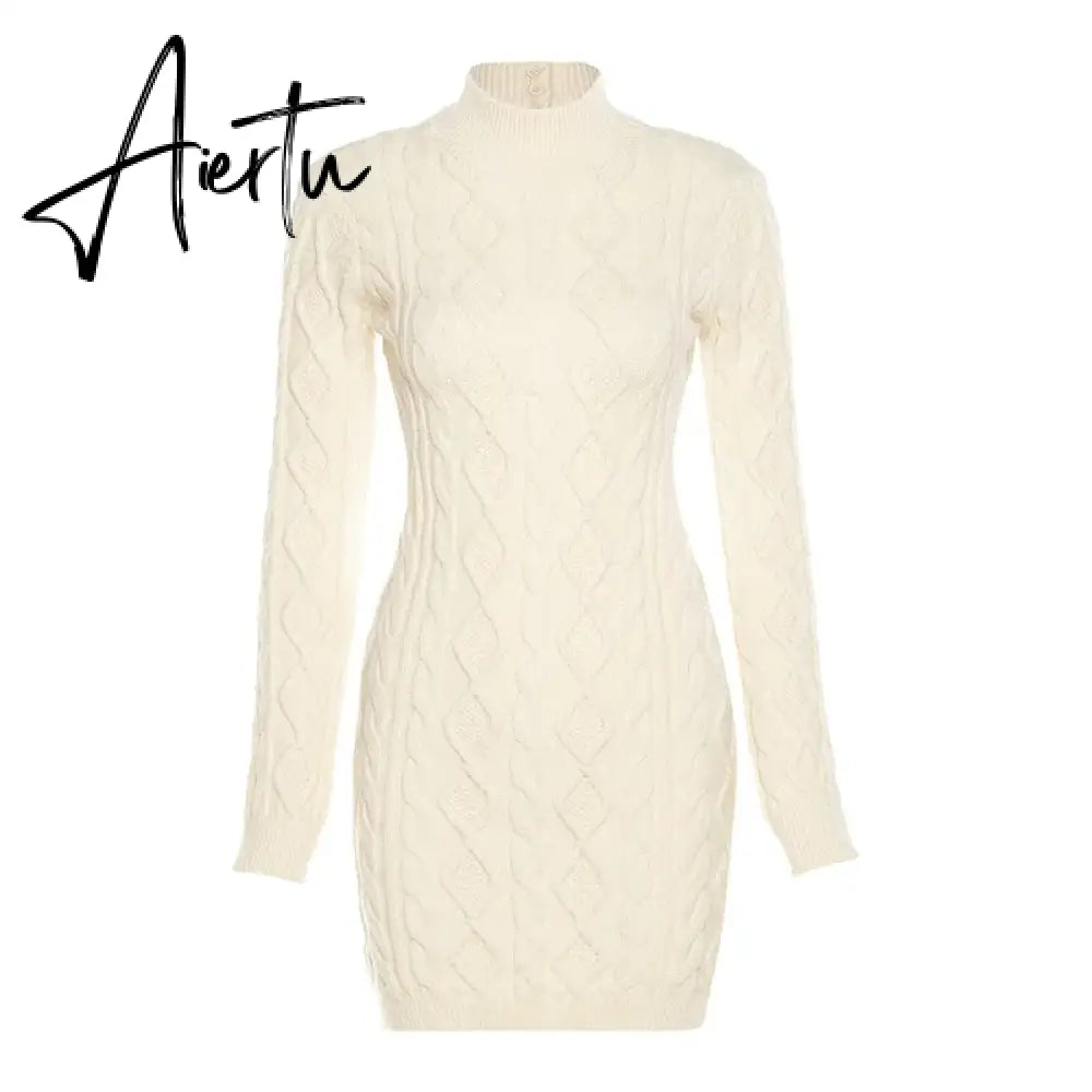 Fall Winter Fashion Twist Knitted Long Sleeve Backless Mini Dress for Women Elegant Warm Dresses Outfits Clothes Aiertu