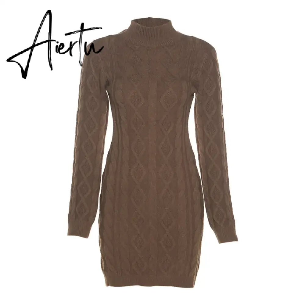 Fall Winter Fashion Twist Knitted Long Sleeve Backless Mini Dress for Women Elegant Warm Dresses Outfits Clothes Aiertu