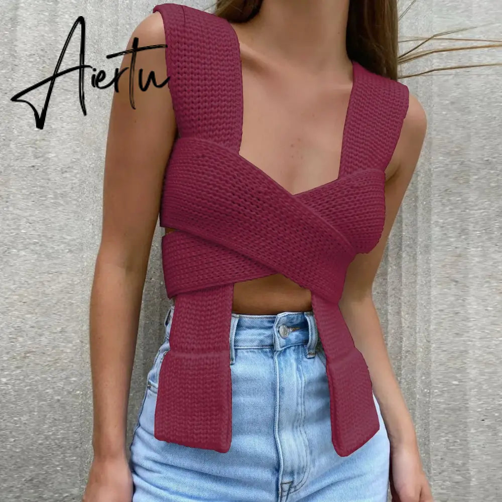 Fall Winter Knitted Crop Tops Sweaters Sleeveless Pullover Female Bandage Sweater Solid Chic Fashion Top Women Aiertu
