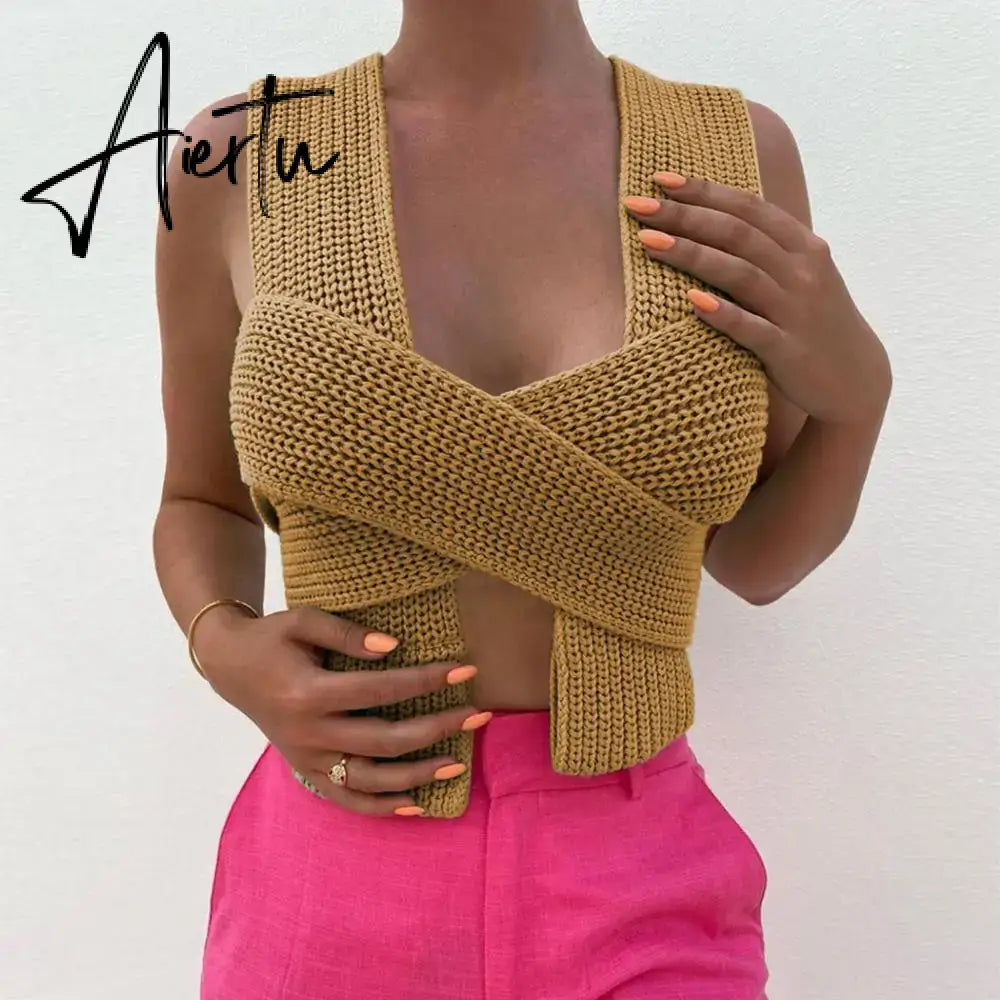 Fall Winter Knitted Crop Tops Sweaters Sleeveless Pullover Female Bandage Sweater Solid Chic Fashion Top Women Aiertu
