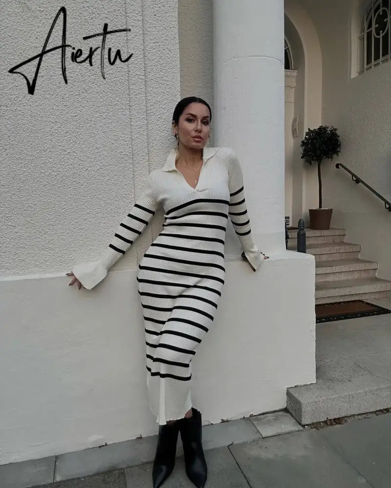 Fall Winter Long Sleeve Knitted Sweaters Dress for Women Elegant Outfits Deep V Neck Maxi Dresses Jersey Clothes Aiertu