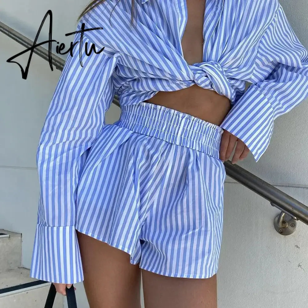 Fashion Casual Striped Blouse Shirts and Shorts Matching Set Loose Shirt Sleeve Top Outfits Summer Women Set Aiertu