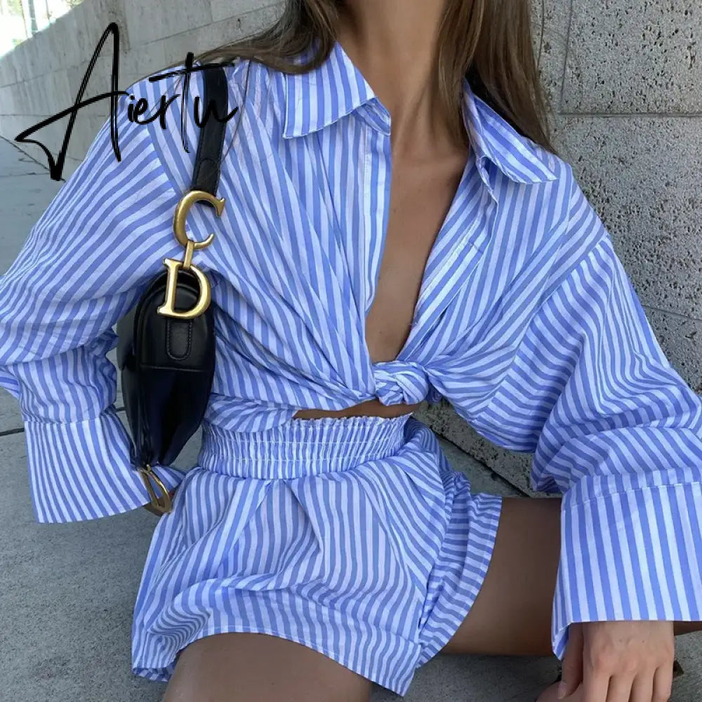 Fashion Casual Striped Blouse Shirts and Shorts Matching Set Loose Shirt Sleeve Top Outfits Summer Women Set Aiertu