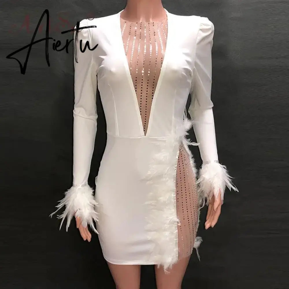 Fashion Patchwork Feather Women Sexy Night Club Party Dress Long Sleeve Bodycon Short Vestidos Hollow Out Mesh Dress White Aiertu