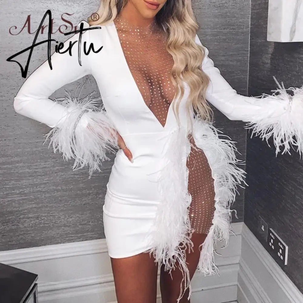Fashion Patchwork Feather Women Sexy Night Club Party Dress Long Sleeve Bodycon Short Vestidos Hollow Out Mesh Dress White Aiertu