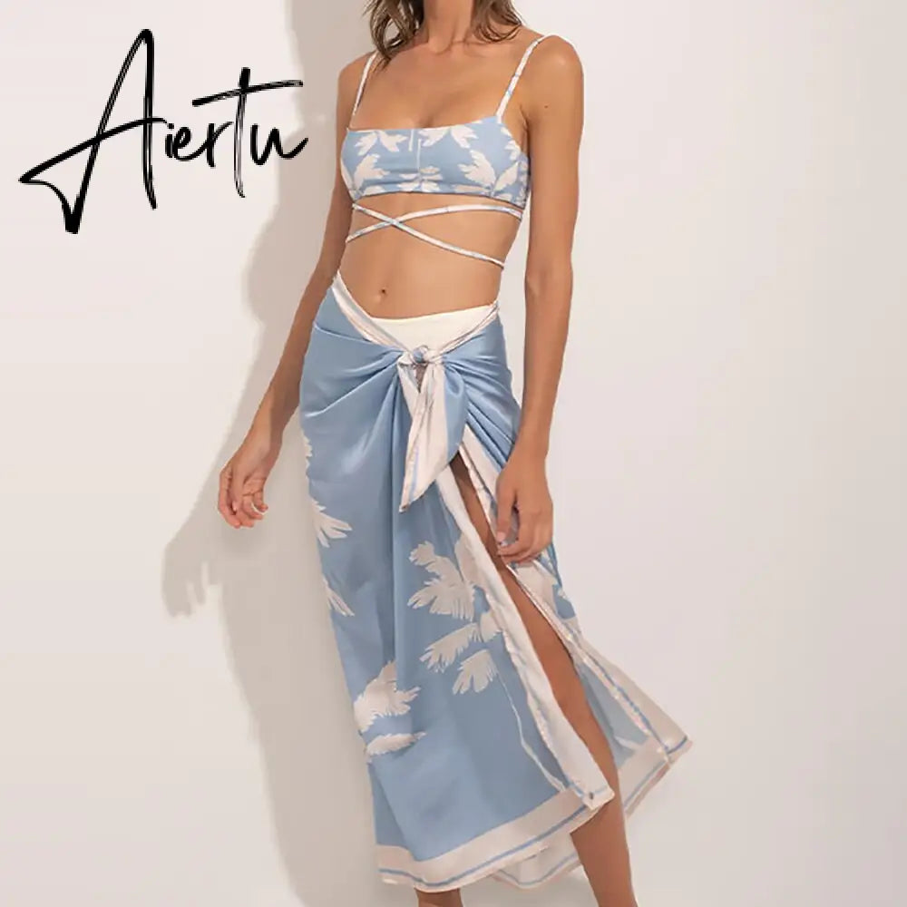 Fashion Print Beach Swimsuit Set Two-piece with Summer Dresses for Women Separate Bandeau String Lace Up bikinis Cover-ups Aiertu
