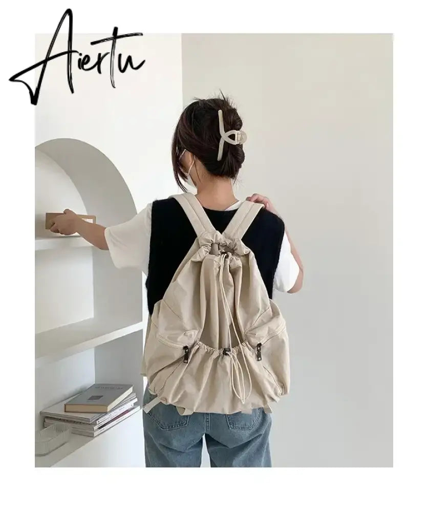Fashion Ruched Drawstring Backpacks for Women Aesthetic Nylon Fabric Women Backpack Light Weight Students Bag Travel Female Bag Aiertu