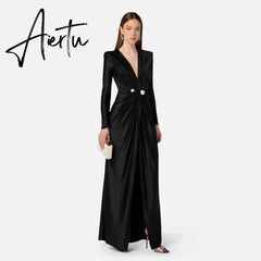 Fashion Sexy Deep V Neck Maxi Dress Gown Elegant Outfits for Women Party Club Long Sleeve Split Dresses Ruched Aiertu