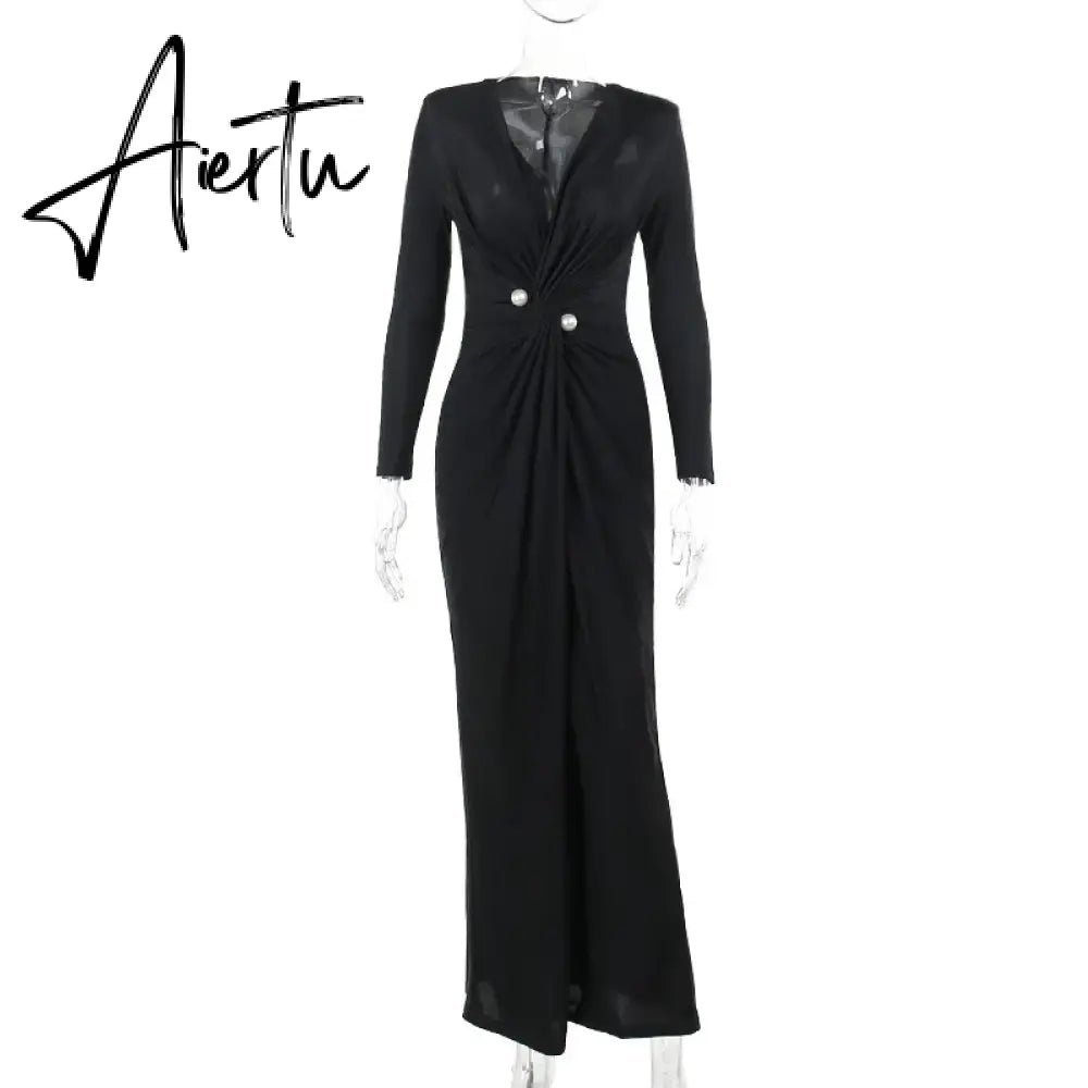 Fashion Sexy Deep V Neck Maxi Dress Gown Elegant Outfits for Women Party Club Long Sleeve Split Dresses Ruched Aiertu