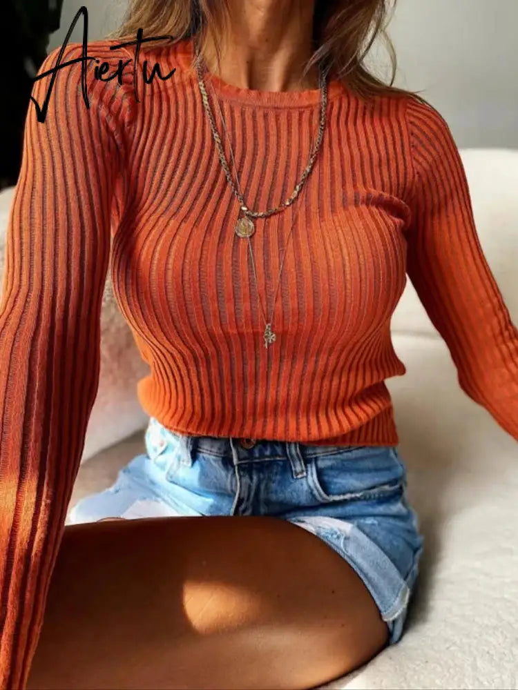 Fashion White Elegant Striped See Through Women Tops Outfits Long Sleeve T-Shirts Tees Skinny Club Party Clothes Aiertu