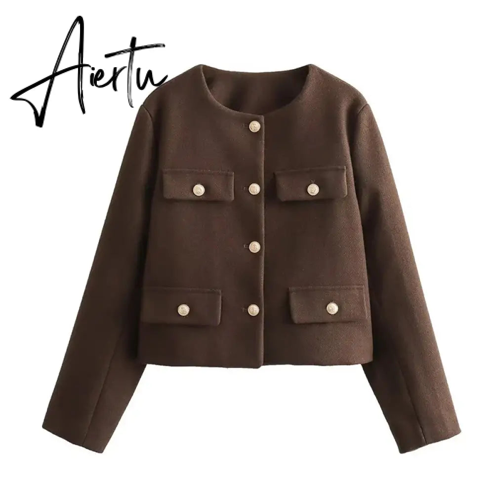 Fashon Tweed Jacket For Women Autumn Winter Long Sleeve Single Breasted Cropped Coat Female Solid O-neck Pocket Outwear Top Aiertu