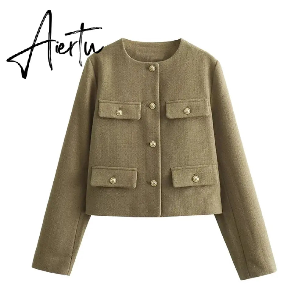 Fashon Tweed Jacket For Women Autumn Winter Long Sleeve Single Breasted Cropped Coat Female Solid O-neck Pocket Outwear Top Aiertu