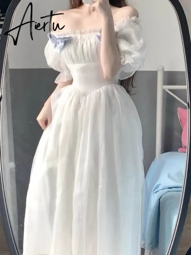 France Fairy Sweet Dress Women Vintage Evening Party Midi Dresses Casual Designer Chic Princess Retro White Dress Aiertu